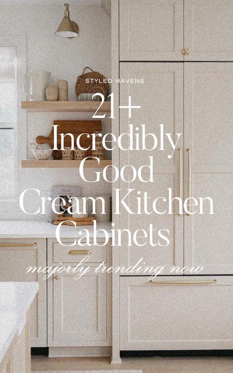 On the hunt for the prettiest kitchen cabinet colors for 2025? If you love modern kitchen decor, these stunning kitchen ideas - beautiful taupe kitchen cabinets & cream kitchen cabinets - are the must-see trend in home decor styles. Biscuit Kitchen Cabinets, Cream Beige Cabinets Kitchen, White Walls And Cream Cabinets, Cream Kitchen With Wood Accents, Funky Kitchen Cabinet Colors, Dual Cabinet Colors Kitchen, Mcgee And Co Cabinet Colors, Neutral Kitchen Backsplash With White Cabinets, Beige Cabinet Kitchen