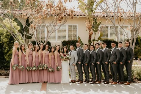 Desert Rose Bridesmaid Dresses With Groomsmen, Pink And Gray Wedding Party, 8 Bridesmaids 8 Groomsmen, Blush Pink Bridesmaids And Groomsmen, Groom And Groomsmen Attire Grey Blush Pink, Groomsmen Attire Blush Color Schemes, Pink Bridesmaid Grey Groomsmen, Desert Rose Bridesmaid Dresses And Groomsmen, Groomsmen Dark Grey Suit