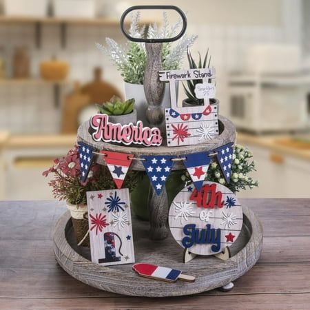 Welcome to Ruifushidai Home Kitchen Products online mall, improve the quality of life, come to choose beautiful and practical Home Kitchen goods!4th Of July Tiered Tray Decor Set Rustic Patriotic Independence Day Decoration Glow Vintage Farmhouse Memorial Day Tiered Tray Sign Features: The new artificial flower basket garland is made of fabric. This wreath is so pretty and made of love, happiness, positive thoughts and smiles! A wreath made of vines and decorated with fresh flowers is very pretty. This wreath is the perfect way to welcome family and friends. You will be neighbors and passers-by. This is a beautiful wreath gift to hang on the door. Don't forget, this would make a great Fourth of July, birthday, wedding, housewarming, Father's Day gift, or just to celebrate someone's day. Su Patriotic Table Decorations, 4th Of July Tiered Tray Decor, Patriotic Tiered Tray Decor, Patriotic Tiered Tray, Memorial Day Decorations, Home Wooden Signs, Independence Day Decoration, Wooden Stars, 4th Of July Decorations