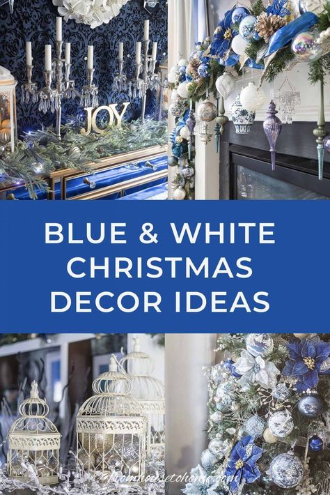 Blue And White Christmas Decor, Holiday Table Inspiration, Christmas Home Decorating, Blue Christmas Tree Decorations, Blue And White Christmas, Blue Christmas Decor, Silver Christmas Decorations, Christmas Decorating Ideas, Blue Christmas Tree