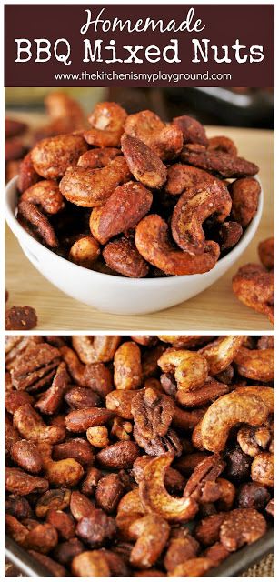 Barbecue Roasted Mixed Nuts ~ Easy to make and chock full of spicy-sweet barbecue flavor.  So good, you won't be able to stop at a handful!  www.thekitchenismyplayground.com Brownie Aesthetics, Roasted Nuts Recipe, Nut Dessert, Nut Butter Recipes, Flavored Nuts, Spicy Nuts, Party Food Dessert, Healthy Nuts, Slow Cooker Desserts