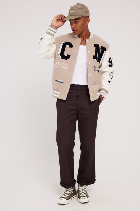 Frequent Want Perspective Varsity Jacket Taupe Cream- #Common #Cream #Jacket #Perspective #Taupe #Varsity Check more at https://howcandothis.com/manstyle/frequent-want-perspective-varsity-jacket-taupe-cream/ Varsity Photoshoot, Varsity Jacket Outfit Mens, Brown Cargo Pants Outfit, Letterman Jacket Outfit, Varsity Outfit, Student Costume, Nba Uniforms, Men Streetwear Fashion, Varsity Jacket Outfit