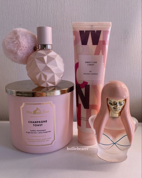 bath & body works champagne toast, ariana grande sweet like candy & nicki minaj pink friday Pink Friday Perfume, Pink Friday Aesthetic, Nicki Minaj Perfume, Bella Core, Ariana Grande Sweet Like Candy, Best Womens Perfume, Easy Routine, Scent Combos, Candy Perfume