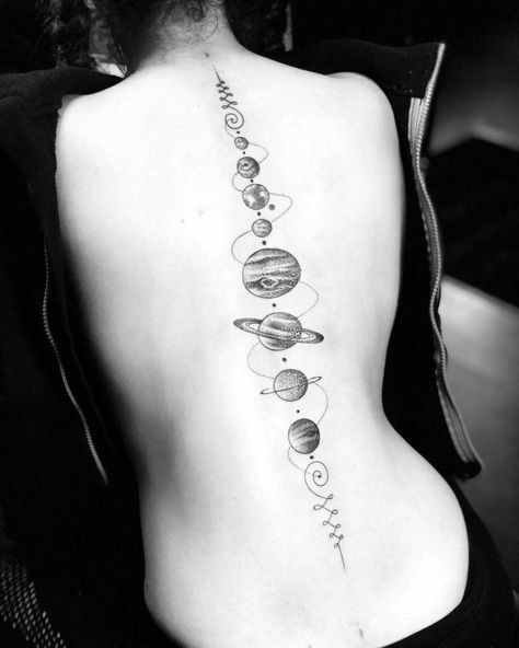 spine tattoo planets of solar system Planets On Spine Tattoo, Tattoo Planets Solar System, Planets Spine Tattoo, Tattoo Planets, Planets Tattoo, Planet Tattoo, Solar System Tattoo, Tato Minimal, Planet Tattoos