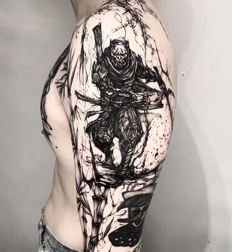 Interesting Tattoos For Guys, Cyberpunk Samurai Tattoo, Japanese Ninja Tattoo, Ninja Tattoo Design, Ninja Tattoos, Tattoo Ninja, Japanese Cloud Tattoo, Ninja Tattoo, Cyberpunk Tattoo