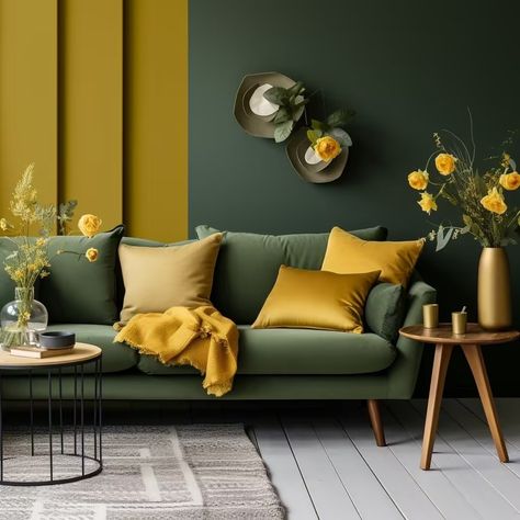 Green And Yellow Combination, Mustard Living Rooms, Yellow Combination, Dark Green Living Room, African House, Home Office Colors, Yellow Living Room, Living Room Design Inspiration, Green Sofa