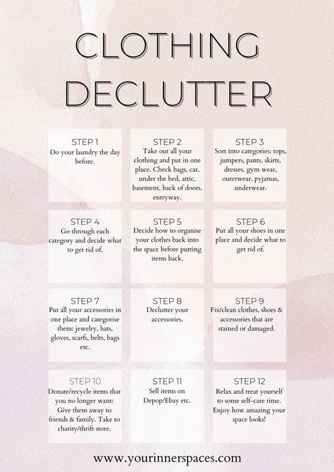 Follow along this 12 step guide to declutter and organize your clothing, shoes and accessories. Clothing declutter tips, clothing declutter checklist, clothing declutter guide, clothing declutter list, clothing declutter konmari, clothing decluttering, how to declutter clothing, clothing organization ideas, clothing organization tips, closet organization, wardrobe organization, clothing organization aesthetic, clothes organization small space, minimalist clothing wardrobe How To Organize Womens Closet, How To Organize Wardrobe, Organize Wardrobe Ideas, Organization Ideas For Wardrobe, Organize Clothing, Easy Way To Organize Clothes, Clothing Clean Out, Clothing Clutter, Clothes Categories