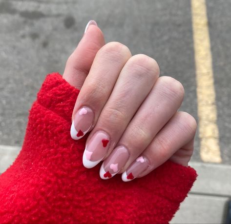 Valentines inspiration fashion nails February acrylics inspo photo manicure French tip white red pink heart design Valentine French Nails, French Tip Heart Nails, Heart French Tips, Tip Manicure, French Tip Manicure, Valentines Nail, White French Tip, Nails Cute, French Tips