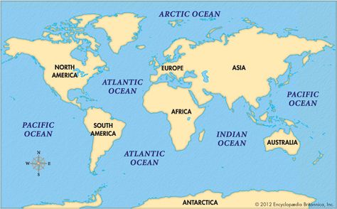 Map/Still:The four major oceans cover most of Earth's surface. World Oceans And Seas Map, World Map Continents And Oceans, The Map Of The World, Indian Ocean Map, World Map With Continents, How To Draw Ocean, Oceans Map, Draw Ocean, Oceans And Continents