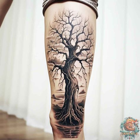 The Fascinating World of Tree Leg Tattoos – 50 Designs - inktat2.com Gnarled Tree Tattoo, Tree Of Life Arm Tattoo Men, Tree Men Tattoo, Tree Tattoo Cover Up, Tree On Forearm Tattoo, Mystical Tree Tattoo, Tree Of Life Leg Tattoo, Thigh Tree Tattoo, Forearm Tree Tattoo For Men