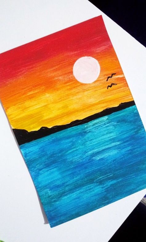 Tempera Drawing Ideas, Drawing Ideas Tempera, Ngelukis Simple, Watercolor Simple Paintings, Tempera Paint Sticks Art, Tempera Painting Ideas, Simple Sunset Drawing, Drawing Of Sunset, Tempera Drawing