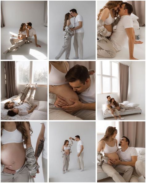 Maternity Photos White Background, Family Maternity Pictures Outfits, Studio Pregnancy Announcement Photoshoot, Maternity Photography Ideas Family, Maternity Shoot Bedroom, Modern Maternity Shoot Studio, Maternity Photoshoot Winter, Lifestyle Maternity Shoot At Home, At Home Maternity Pictures