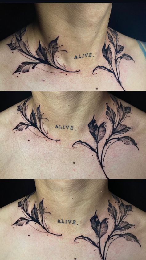 Leaves Chest Tattoo, Vine Neck Tattoo, Holly Tattoo, Botanical Tattoo, Design Tattoo, Chest Tattoo, Neck Tattoo, Tattoo Ideas, Tattoo Designs