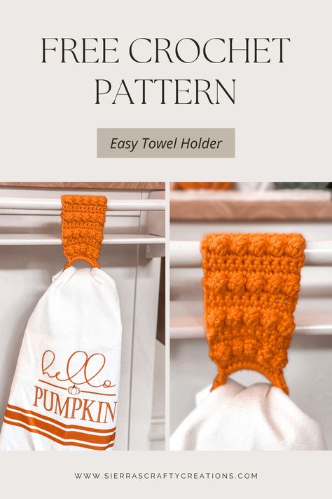 How to Crochet a Towel Holder with a Hair Elastic – Free Crochet Pattern - Sierra's Crafty Creations How To Crochet Towel Topper, Crocheted Crochet Hook Holder, Crochet Oven Towel, Crochet Ring Towel Holder, Dish Towel Holder Crochet, Crochet Towels Kitchen Free Pattern, Crochet Towel Holders Kitchen Towels, Towel Ring Crochet Pattern, Crochet Hand Towel Topper Free Pattern