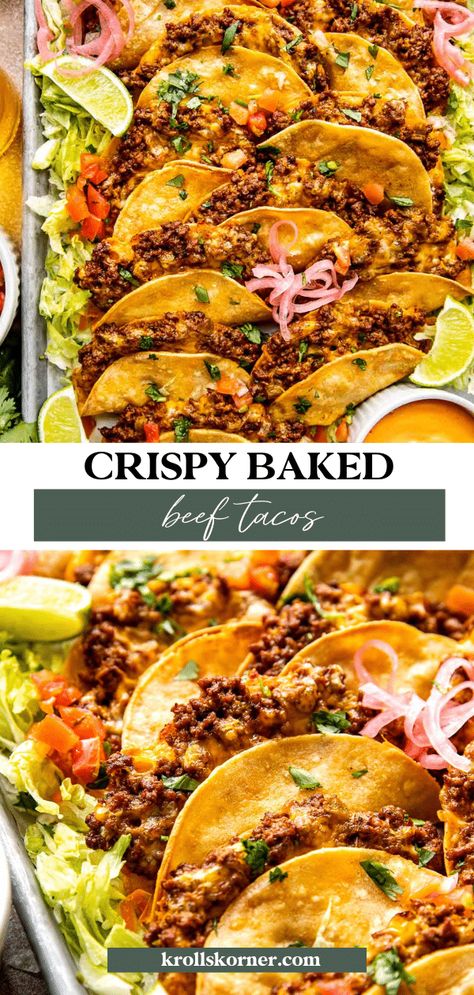 Crispy Beef Tacos (Baked Not Fried!) • Kroll's Korner Grilled Taco Recipes, Stuffed Tacos, Crispy Beef Tacos, Taco Night Ideas, Baked Beef Tacos, Tacos Baked, Southwest Food, Krolls Korner, Taco Recipes Ground Beef