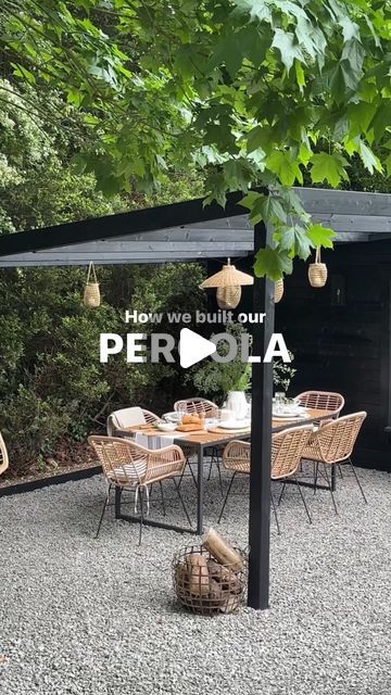 Michaela Shoebridge on Instagram: "Sometimes I like to cut corners too 🫢 we came across this wall mounted box pergola in clearance and we knew we could make it work 💪🏼 and probably achieve better finish than building it from scratch ourselves. The cost would be very silimar too so we thought why not make our lives easier 🤷🏼‍♀️

I know you will ask : 
• pergola kit is from @rutlandcountygardenfurniture 
• black wood tint @protekwoodstain in shade Ebony 
• egg chair ( very old) but try @etsyuk for similar 
• garden table @jysk.uk 
• garden chairs @gardentradingcompany 
• lights and lanterns @thewhitecompany 
• limestone chippings @mkm.buildingsupplies 
• cost of this project under £500.00 

Let me know if you have any questions. 

#pergola #gardendesign #gardeninspiration #pergolakits # Creek Backyard, Garden Pergola Ideas, Black Pergola, Corner Pergola, Garden Nook, Wood Pergola, Pergola Garden, Uk Garden, Air Bnb