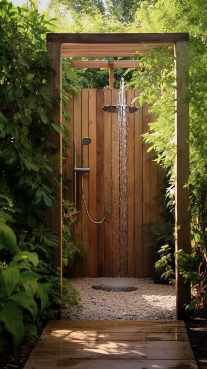 Outdoor Shower Mountain, Outdoor Shower Ideas Private Modern, Exterior Bathroom Ideas, Outdoor Shower Bali Style, Outdoor Shower Shed, Outdoor Shower Cabin, Spiral Outdoor Shower Ideas, Outdoor Sauna Shower Ideas, Outdoor Shower Garden