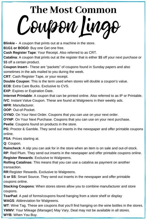 Coupon Lingo Cheat Sheet - Learning coupon lingo is so important if you are learning how to coupon. This coupon lingo cheat sheet makes it easy to understand coupons. ​This couponing guide has everything you need to get started. It tells you how to get coupons, how to use coupons, where to find coupons, how to organize coupons and much more! #wheretofindcoupons #howtogetcoupons #manufacturercoupons #usingcouponstosave #howtocoupon #classcoupons #couponingtips #howtoorganizecoupons Coupon Hacks, How To Start Couponing, How To Coupon, Savings Ideas, Couponing 101, Manufacturer Coupons, Couponing For Beginners, Restaurant Coupons, Promo Coupon