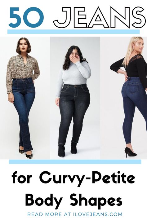 50 new jean styles for Curvy Petite body shapes for Fall! Autumn Outfits Petite Curvy, Best Jeans For Short And Curvy, Plus Size Petite Jeans, Curvy And Petite Outfits, Curvy Denim Outfit, Best Jeans For Plus Size Petite, Curvy Jeans Outfit Casual, Plus Petite Outfits, Best Jeans For Curvy Women