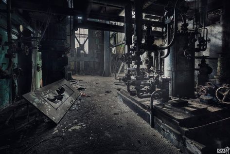 Dark Factory Aesthetic, Abandoned Factory Concept Art, Abandoned Factory Aesthetic, Dark Industrial Aesthetic, Boiler Room Aesthetic, Zombies Aesthetic, Factory Aesthetic, Robot Background, Dark Location