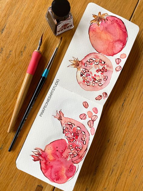 Pomegranate Drawing Simple, Pomegranate Illustration, Skulls Animal, Pomegranate Watercolor, Pomegranate Drawing, Fruit Drawings, Painting Of Fruit, Watercolour Fruit, Watercolor Pomegranate