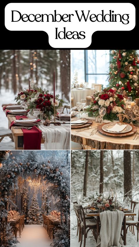 Elegant December wedding setup with winter colors and rustic decor for 2024 winter brides. December Boho Wedding, Winter Solstice Wedding Ideas, Alaska Wedding Ideas, Winterwonder Land Wedding, Winter Wedding Decorations Elegant, Winter Wedding Ideas December, Colorful Winter Wedding, Winter Wedding Reception Ideas, December Wedding Ideas