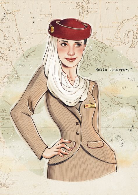 Emirates cabin crew illustration Emirates Airline Cabin Crew, Emirates Cabin Crew, Airline Cabin Crew, Emirates Airline, Flight Attendant Life, Air Hostess, Flight Attendants, Cabin Crew, Flight Attendant