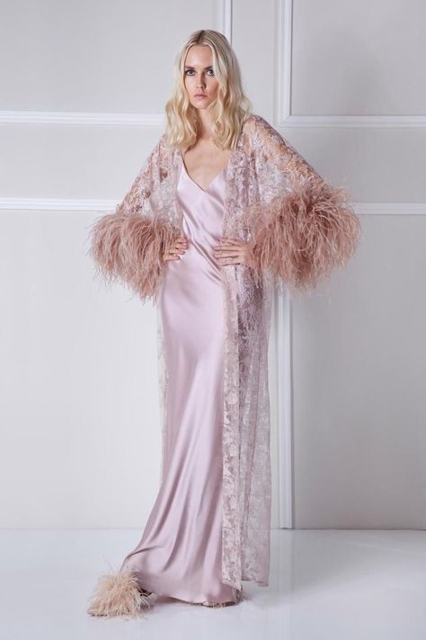 Silk Nightwear Romantic, Flowy Robe, Feather Cuffs, Flowy Gown, Bridal Nightwear, Australian Clothing, Luxury Nightwear, Luxury Robes, Night Dress For Women