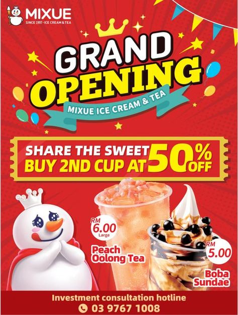 MIXUE Ten Kinrara Grand Opening Promotion from 21 October 2023 until 22 October 2023 Discount Promotion Design, Grand Prize Poster Design, Grand Opening Banner, Grand Opening Invitations, Pink Floyd Poster, Promotion Design, Ten Ten, Lucky Draw, Cream Tea