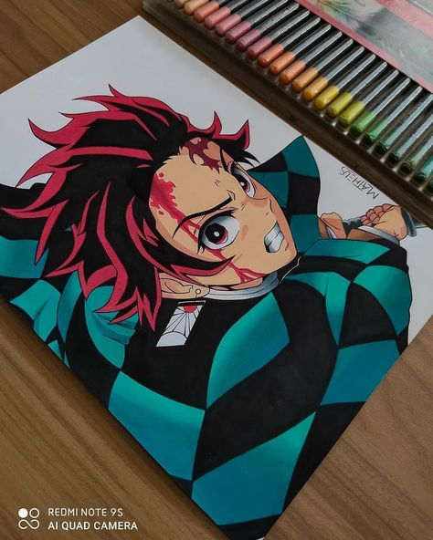 Tanjiro Canvas Painting, Anime Drawing Coloured, Tanjiro Painting, Tanjiro Drawing, Coloured Drawings, Anime Canvas Painting, Buddhist Art Drawing, Coloring Pencils, Dragon Ball Painting