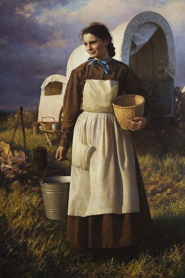 Girl on Oregon Trail by Benjamin Wu The Oregon Trail, Western Paintings, Oregon Trail, Cowboy Art, Poses References, Mountain Man, American West, Western Art, Pioneer Woman