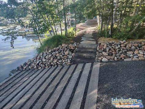 Riprap Shoreline, Shoreline Ideas, Shoreline Restoration, Lake Backyard, Staircase Construction, Kayak Launch, Flagstone Steps, Lake Landscaping, Dock House