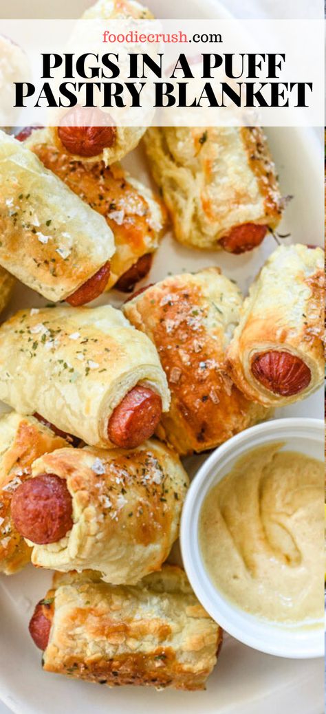 Little Smokies In Puff Pastry, Puff Pastry Pigs In A Blanket Appetizers, Puff Pastry Little Smokies, Puff Pastry Canapes Recipes, Pastry Dough Dinner Ideas, Game Day Food Puff Pastry, Puff Pastry Meal Ideas, Apps With Puff Pastry, Pigs In Blanket Puff Pastry