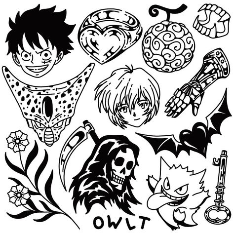 Dragon Ball Z One piece Pokemon Anime Manga Black work Traditional tattoo flash Anime Filler Tattoo, Anime Traditional Tattoo, Black Work Traditional Tattoo, One Piece Pokemon, Black Flash Tattoos, Piercings Ideas, Manga Tattoo, Pokemon Anime, Traditional Tattoo Flash