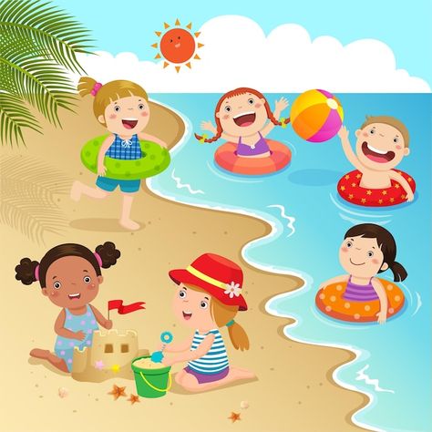 Group of kids having fun on the beach Pr... | Premium Vector #Freepik #vector #kids-beach #sand-castle #sea-travel #swimming-ring Beach Drawing For Kids, Cartoon Drawing For Kids, Kids Having Fun, Picture Comprehension, Beach Cartoon, Beach Drawing, Picture Composition, Happy Children's Day, Beach Kids