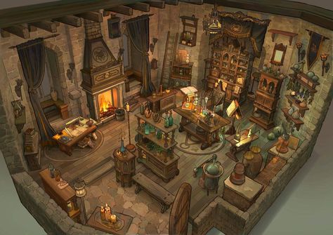 Alchemist’s Study Room, Natcha Ngamtweerat on ArtStation at https://www.artstation.com/artwork/zON9VD Dnd Study Room, Medieval Interior Concept Art, Study Room Concept Art, Archeologist Room, Medieval Study Room, Alchemist Study, Alchemist Fantasy Art, Alchemist Rpg, Fantasy Dorm Room