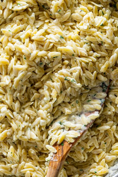 Creamy Orzo Recipes, Fish For Dinner, Parmesan Orzo, Creamy Orzo, Lemon Cream Sauces, Lemon Orzo, Orzo Recipes, Roasted Chicken Thighs, Meatless Main Dishes