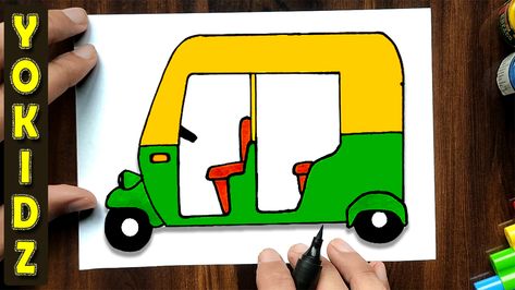 How to draw auto rickshaw easy Auto Rickshaw Drawing, Rickshaw Drawing, Vehicle Drawing, Auto Rickshaw, Land Transport, Transportation Crafts, Children Drawing, Gold Art Painting, Means Of Transport