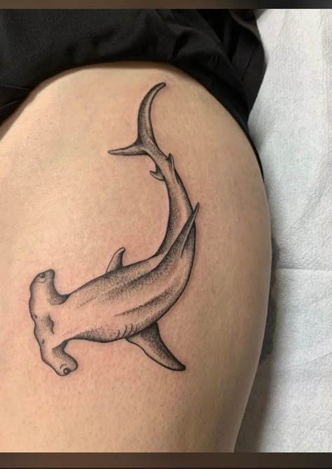 Hammerhead Shark Tattoo Thigh, Shark Aesthetic Tattoo, Shark Tail Tattoo, Overhead Shark Tattoo, Shark Hip Tattoos Women, Shark Collarbone Tattoo, Hip Shark Tattoo, Shark Tattoo On Leg, Shark Patchwork Tattoo