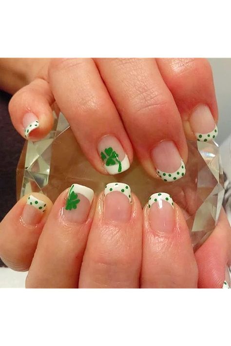 24 Pcs St. Patrick¡¯s Day Press on Nails Short, Square Shaped Glue on Nails for Women, Short Fake Nails with Green Shamrock Designs (Style 3) Clover Nails, Shamrock Nails, Saint Patrick Nail, Fake Nails White, Nail Short, Dot Nail Designs, Short French, St Patricks Day Nails, Short Fake Nails