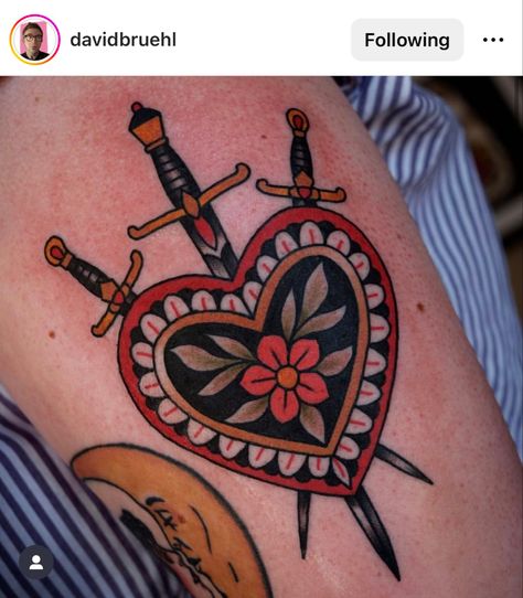 American Trad Heart Tattoo, Sacred Heart American Traditional Tattoo, Traditional Style Heart Tattoo, American Traditional Love Tattoo, Red And Black Traditional Tattoo, Heart American Traditional Tattoo, Mom Heart Tattoo Traditional, Trad Heart Tattoo, Heart With Swords Tattoo