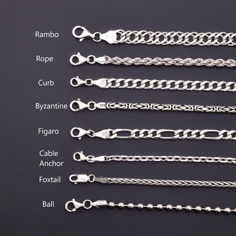 Mens Silver Necklace Chains, Types Of Chains Jewelry, Mens Chains Silver, Platinum Chains For Women, Silver Chain Design For Men, Mens Sterling Silver Jewelry, Chain Necklace Women, Cuban Chains, Hand Chain Jewelry