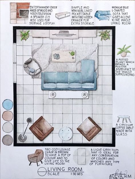 Living Room Designs Sketch, Floor Plan Watercolor Rendering, Room Sketches Interior Design Plan, Presentation Plan Interior, Floor Rendering Plan, Living Room Design Sketch, Watercolor Floor Plan, Interior Design Sketches Floor Plans, Interior Design Floor Plans Sketch