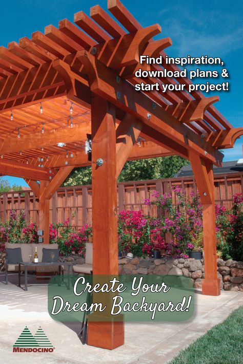 Whether your garden project has a practical application or is simply meant to enhance the appeal of your outdoor space, Humboldt Redwood’s natural insect resistance combined with its natural beauty makes it an ideal building material for any garden structure.  DIY | Redwood Pergola | Shade Structure | Outdoor Living | Inspiration | Outdoor Shade | Building Materials | Building Plans | Pergola Ideas | Download Free Building Plans | Outdoor Design with Redwood | Build a Pergola | Dream Backyard Beautiful Pergola Ideas, Redwood Pergola, Structure Outdoor, Log Structures, Build A Pergola, Free Building Plans, Deck Backyard, Backyard Canopy, Beautiful Home Gardens