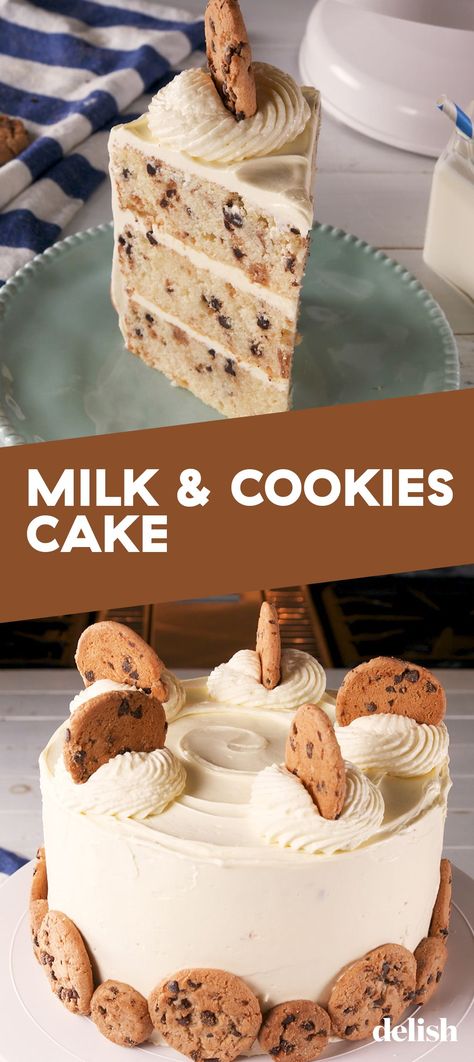 Chocolate Chip Cookie Fans NEED This Milk & Cookies CakeDelish Cookies Cake Birthday, Non Chocolate Cakes, Cookie Inspired Cake, Cakewalk Cakes Ideas, Milk And Cookie Cake, Fun Easy Birthday Cake Ideas, Milk And Cookies Birthday Cake, Made From Scratch Desserts, Cookies And Milk Cake