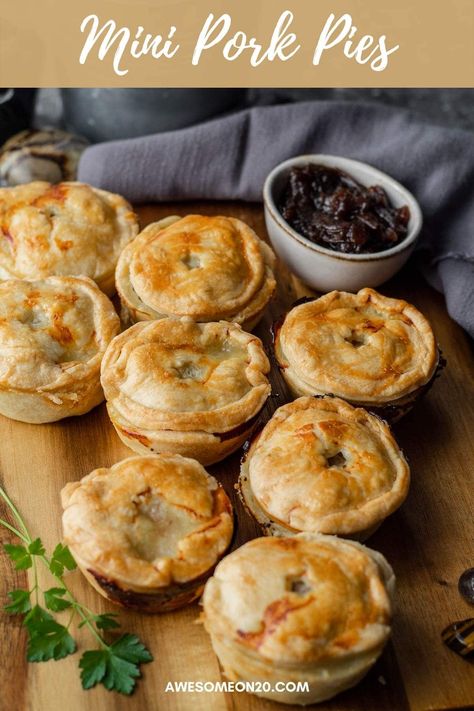 These Mini Pork Pies are a simplified version of the British classic. Your favorite pastry holds a juicy, seasoned pork and onion filling perfect for snacks, parties, and picnics. It's totally awesome. #porkpies #britishfood #partyfood