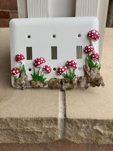 Red Mushroom Decor, Mushroom Outlet Cover, Cottage Core Light Switch Cover, Frog And Mushroom Room Decor, Mushroom Inspired Bedroom, Mushroom Living Room Decor, Mushroom Home Decor Diy, Cottagecore Light Switch Cover, Light Switch Plates Ideas