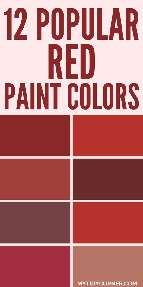 Collage of trending red paint colors from popular brands. Colonial Red Paint, Red Dining Room Walls, Farmhouse Red Paint Colors, Sherwin Williams Reds, Dark Red Living Room Walls, Benjamin Moore Cottage Red, Red Palette Colour Schemes, Barn Red Paint Color, Shades Of Red Color Palette