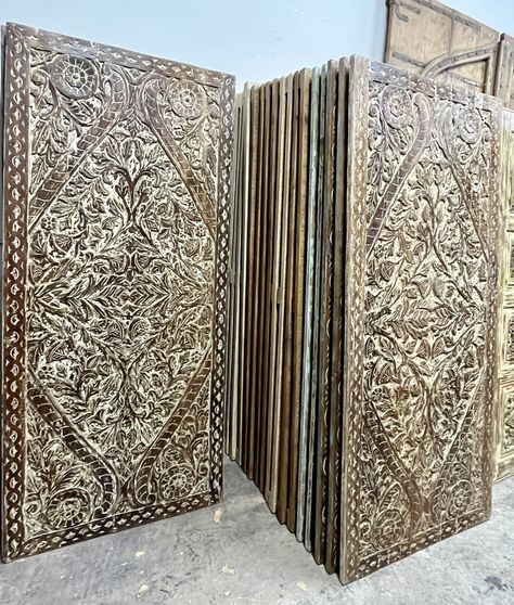 Vintage carved lotus garden doors, #homeimprovements #luxuryhomedecor #bathroomdecor #walldecor #pantrydesign #homedecor #freeshipping #vintagedecor #homedesign #homeinspiration #homesweethome #vintagehome #bohodecor #Rusticfarmhouse #farmhouseinteriors #luxuryhomedesign #nyinteriordesign #nashvilleinteriors #palmbeachinteriors #atlantainteriordesign #interiordesign #interiordesigner #barndoors #mogulinterior Wood Double Doors, Unique Headboards, Carved Door, Southern Cottage, Popular Interior Design, Boho Style Decor, Door Sliding, Lotus Pond, Vintage Style Decorating