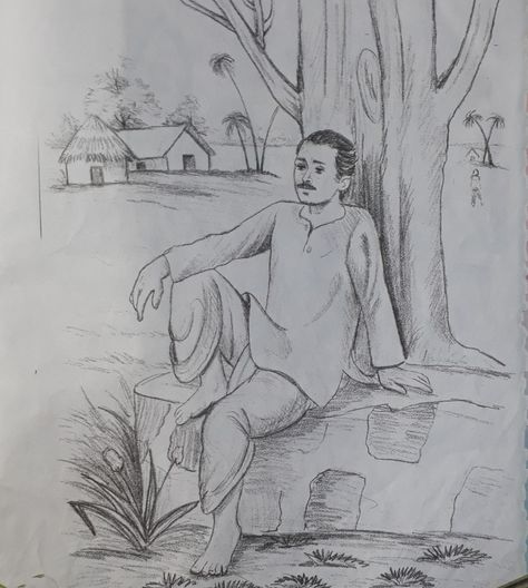 Human Figure Scenery Drawing, Figurative Composition Drawing, Figer Sketch, Easy Figure Drawing, Composition Drawing Sketches, Memory Drawing For Intermediate, Memory Drawing Sketches, Village Scene Drawing, Village Drawing